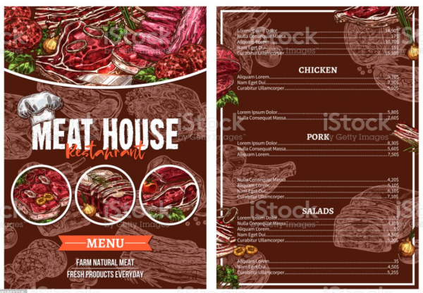 Desain brosur katering dengan foto hidangan daging panggang